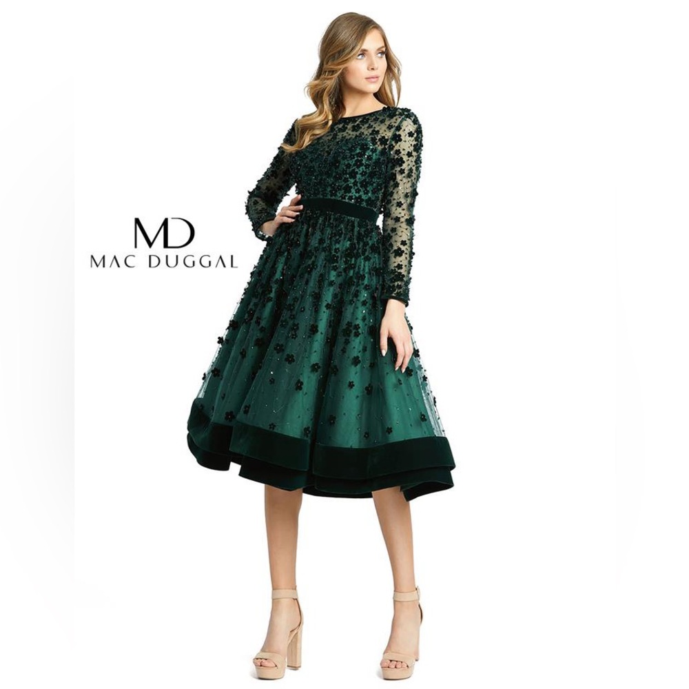 NWT Mac Duggal 67007 Emerald Green Tea-length Evening Dress Size 10
